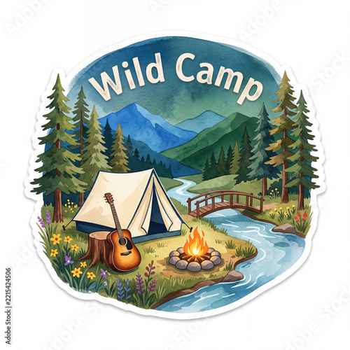 Watercolor Wild Camp Badge with Mountain Tent, Campfire and Guitar. Sticker Style on a White Background