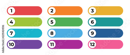Infographic numbers vector set, 12 colorful bullet points and labels. Rounded banners for web design
