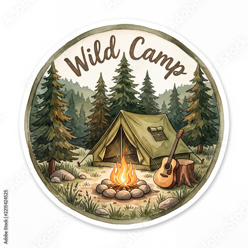 Watercolor Wild Camp Badge with Mountain Tent, Campfire and Guitar. Sticker Style on a White Background