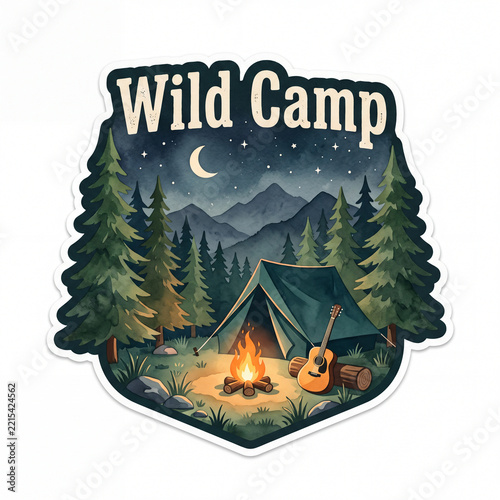 Watercolor Wild Camp Badge with Mountain Tent, Campfire and Guitar. Sticker Style on a White Background