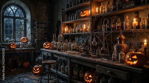 Spooky alchemist laboratory with carved glowing Halloween pumpkins.