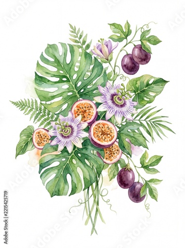 Watercolor tropical bouquet with monstera leaves, passion flowers and passion fruits isolated on white background, summer botanical