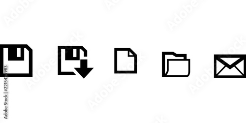 Minimal Black File and Communication Icons Set Featuring Save Download Document Folder and Email Symbols.
