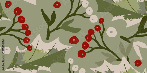 Hand-Drawn Green and Red Botanical Holly Background