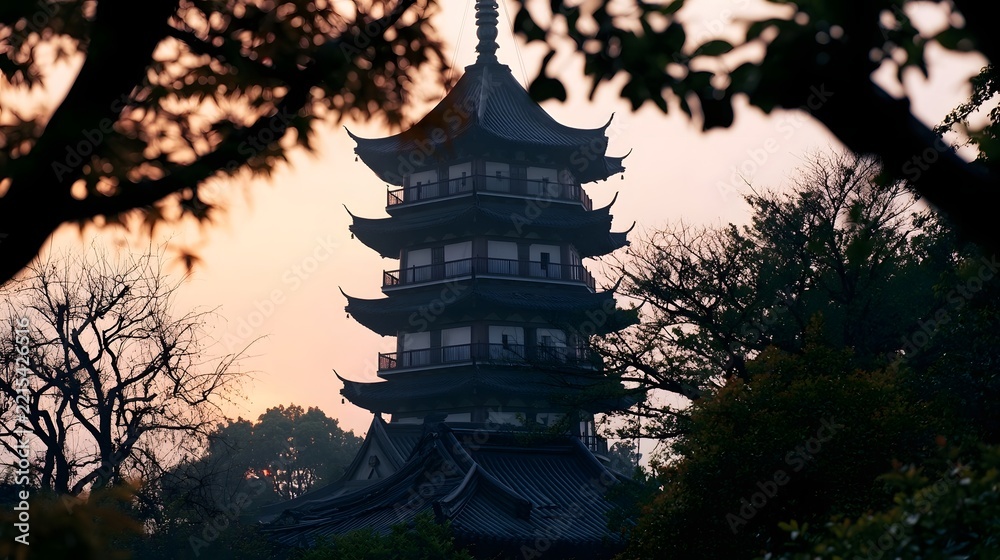 Fototapeta premium A traditional multi tiered pagoda stands tall against a soft sunset sky framed by silhouetted tree branches