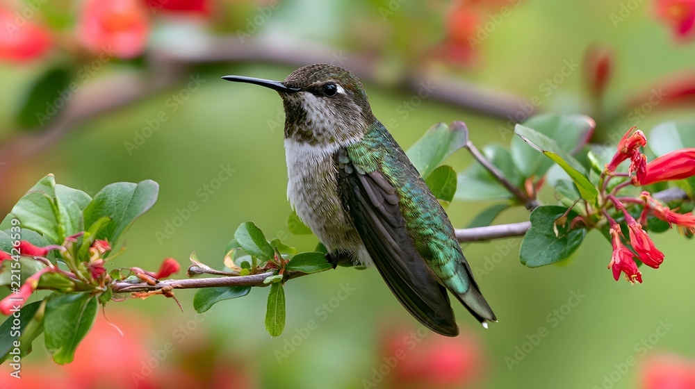 Fototapeta premium A small hummingbird perched gracefully on a branch surrounded by vibrant red flowers and lush green leaves