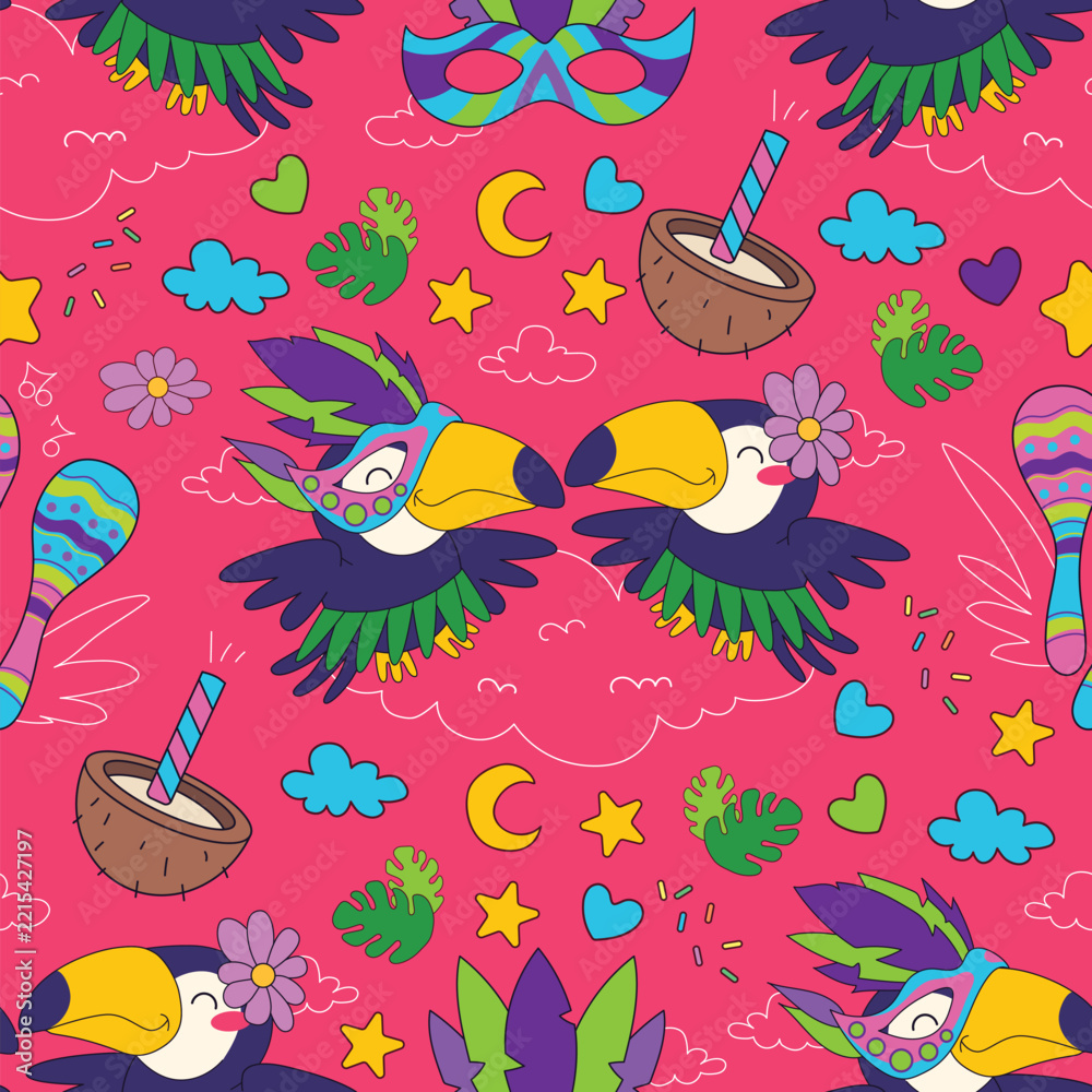 Fototapeta premium Brazilian carnival dancing toucan birds seamless pattern vector illustration pink. Cute toucan couples wearing carnival masks flower decorations dancing maracas coconut cocktails bright pink backdrop