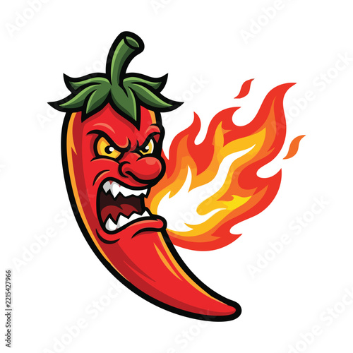 Angry Red Chili Pepper with Flames Illustration