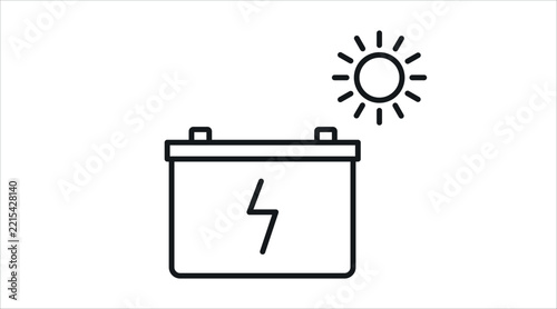 Solar battery storage with lightning bolt and sun vector icon. Black line art style on white background. Clean outline eco power accumulator for renewable energy system, photovoltaic backup