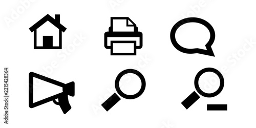 Black User Interface Icons Set Featuring Home, Print, Chat, Megaphone and Search Symbols for Web Apps.