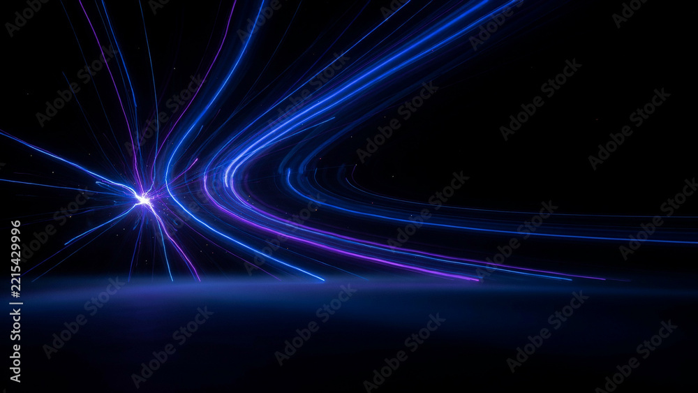 Fototapeta premium Abstract blue light streaks curving across dark background with abstract velocity background technology particles innovation teleportation dimension