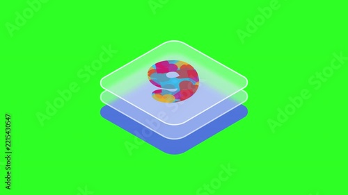 Abstract geometric layers with colorful circular shapes forming a number eight design element
