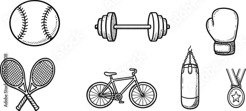 Set of hand drawn sports equipment including baseball dumbbell boxing glove tennis rackets bicycle and winner medal