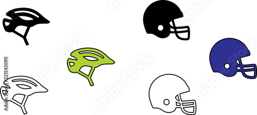 Collection of various sports protective headgear including bicycle helmets and american football helmets in different styles