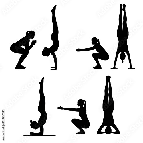 Set of black silhouettes of a woman in various yoga and acrobatic poses, isolated on a transparent background