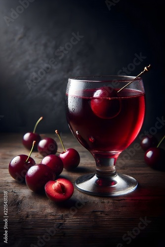 Fresh cherries and a glass of cherry drink on a dark rustic wooden table