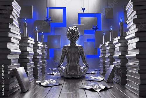 Silver figure meditating between book stacks with blue glow