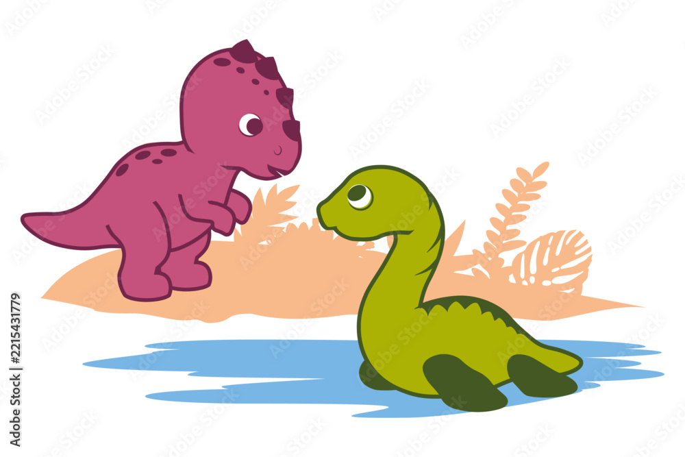 Fototapeta premium Cute cartoon dinosaurs, friendly baby dino. Vector illustration.