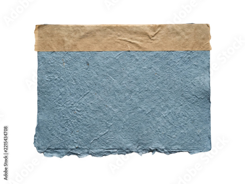 Rectangular sheet of blue-grey handmade paper with a fibrous organic texture and a horizontal brown paper strip across the top edge transparent background