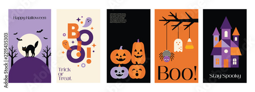 Halloween Poster Set Spooky Greeting Cards Party Invitation Story Templates Black Cat Pumpkins Ghost Spider Moon Purple