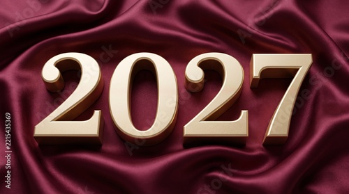 Elegant Gold 2027 Numbers on Burgundy Red Silk Fabric Background with Soft Folds for Luxury New Year