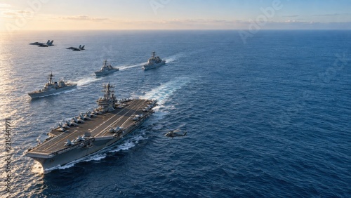 Aircraft Carrier Strike Group Sailing in Formation with Fighter Jets and Helicopter at Sunset