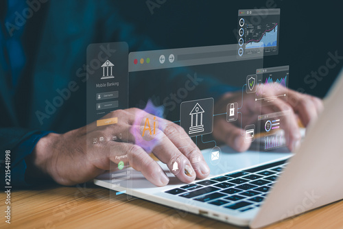 AI Banking and Financial Technology Concept with Digital Banking, Cybersecurity, Data Analytics and Online Payment Automation