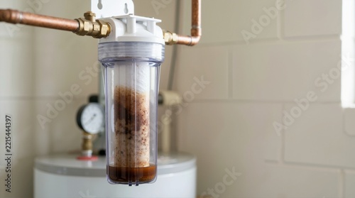 Sediment water filter cartridge filled with brown rust and debris. Transparent plumbing filter housing showing dirty contaminated water. Filtration and plumbing maintenance
