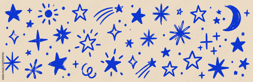 Fototapeta premium Hand Drawn Star and Sparkle Doodles Set, Blue Celestial Symbols with Crescent Moon