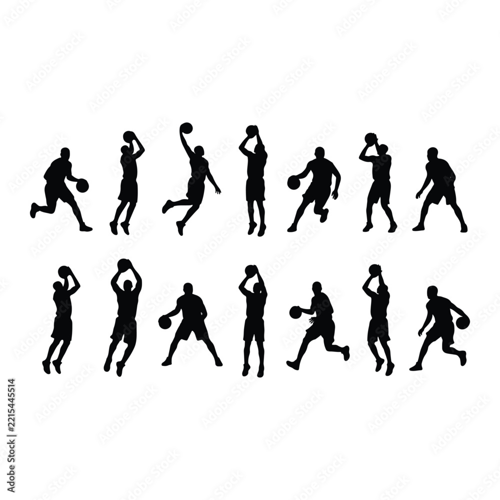 Fototapeta premium Basketball player silhouette jumping shooting dunking dribbling sports action set