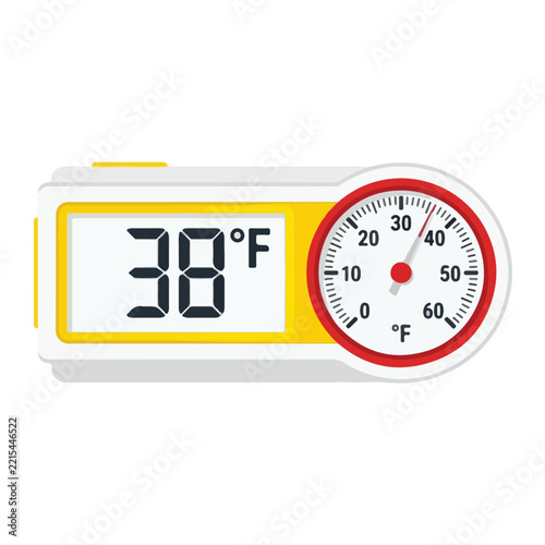 Digital and analog thermometer showing 38 degrees Fahrenheit temperature