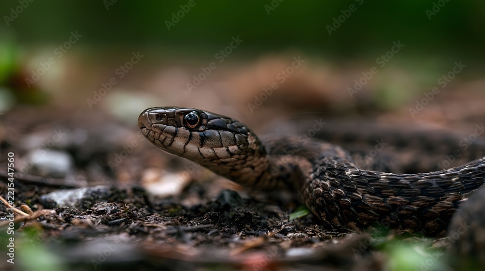 Fototapeta premium A close up of a snake with patterned scales resting on forest floor amidst soil and foliage