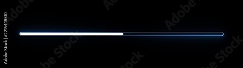 Futuristic loading bar with glowing blue neon light and white progress indicator on a dark black background representing data transfer or system status update in digital technology and interface