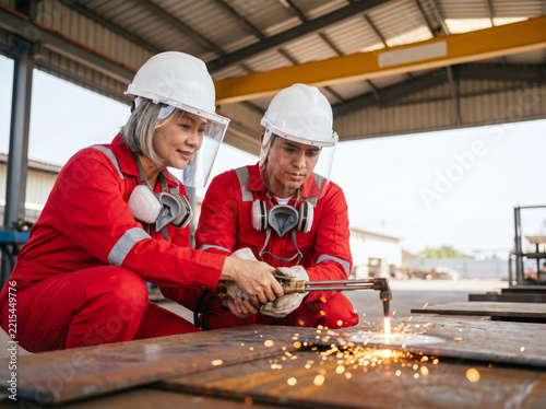 Mature female welder guiding a young apprentice with a cutting torch, illustrating industrial mentorship and vocational training.
