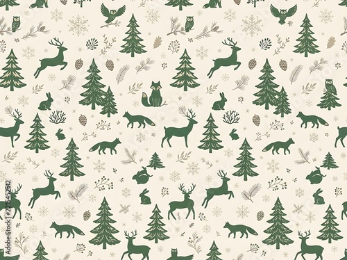 Christmas forest seamless pattern with reindeers foxes and bunnies for kids fabric design.