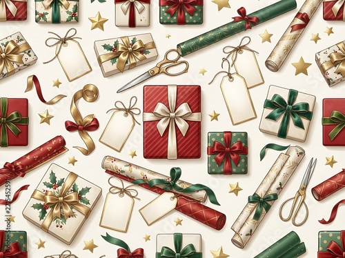 christmas gift boxes, ribbons, tags, and wrapping paper with gold stars on light background.