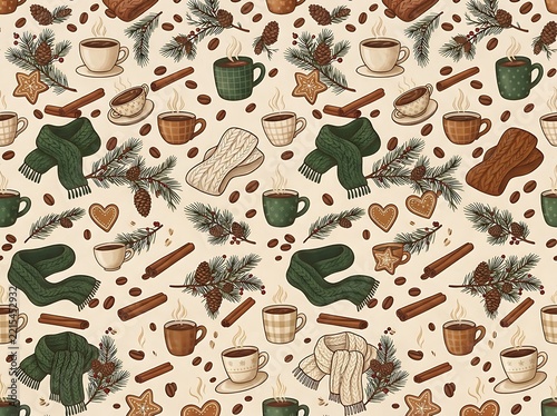 Cozy winter coffee seamless pattern with knit scarves cinnamon and pine cones for seasonal textiles.