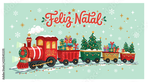 Christmas Holiday Train Illustration with Festive Gifts and Trees