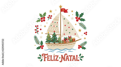 Christmas Sailboat Illustration with Festive Decorations
