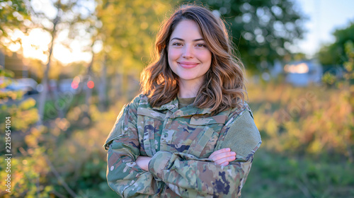 Smiling female soldier in a modern military uniform outdoors during golden hour, warm evening sunlight creating soft highlights along her uniform and face, natural relaxed posture, peaceful outdoor 