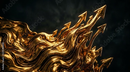 Abstract luxury golden flowing waves texture background with shiny metallic reflections and fire
