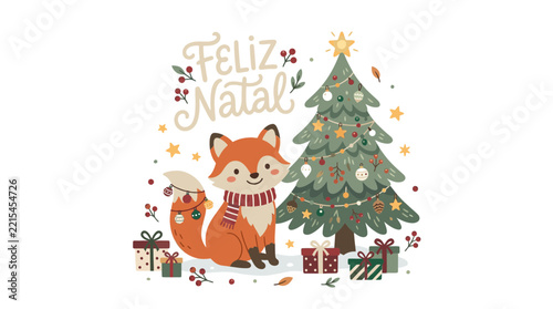 Cute Fox with Christmas Tree Illustration Isolated on White