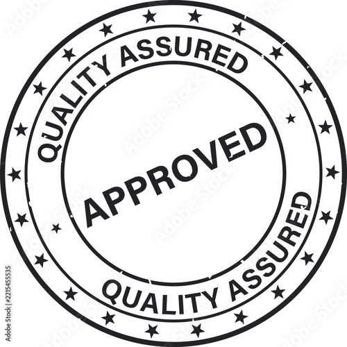 A black circular stamp with stars around the border and the text approved and assured inside seal de