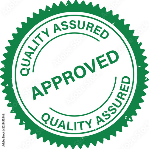 A green serrated circular stamp with the text approved and assured on a white background, seal