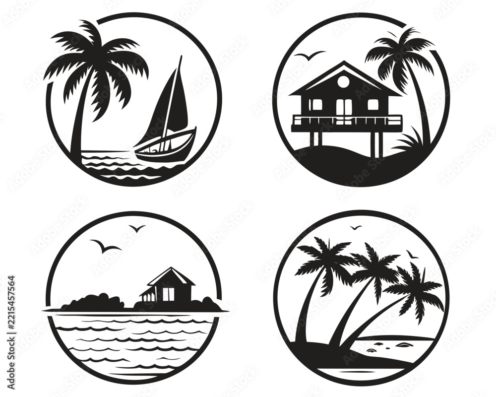 Fototapeta premium Create four circular black silhouette badges featuring an overwater bungalow, a tropical boat, a palm-lined beach, and a small island with birds. Use a minimalist white background with consistent 