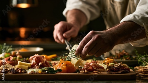 A chef finishing an autumn charcuterie board with delicate herb sprigs creates a premium hospitality scene filled with precisely cut cheeses, charcuterie folds, quince, roasted nuts and fruit
