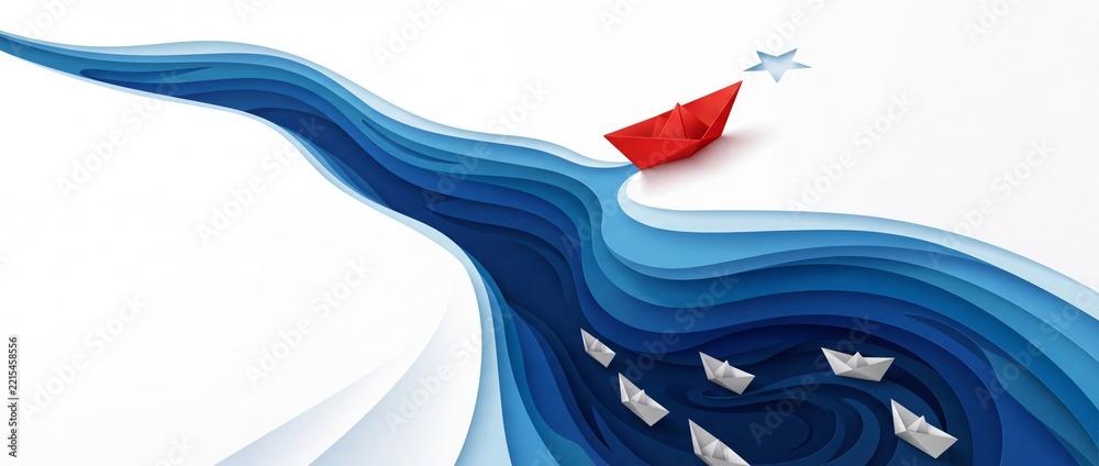 Fototapeta premium Red Paper Boat Breaking Away From the Crowd of White Boats Towards a Star Symbolizing Leadership Success Business Innovation and Unique Visionary Strategy in Paper Cut Style Illustration