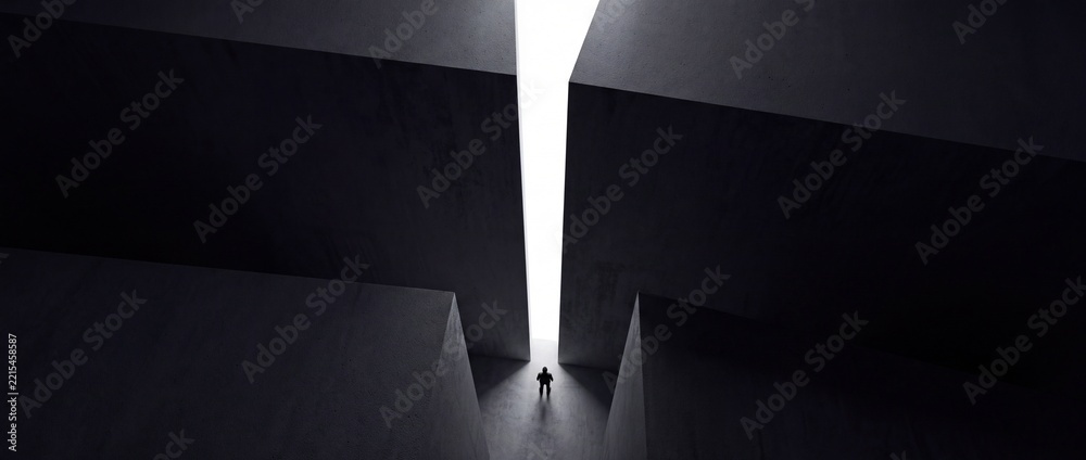 Fototapeta premium Cinematic Conceptual Image of a Tiny Person Standing Before Massive Dark Concrete Monoliths with Bright Light Shining Through a Narrow Vertical Gap Representing Hope, Breakthrough, and Discovery