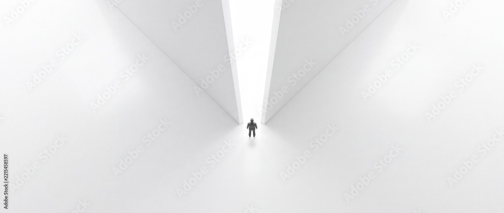 Fototapeta premium Minimalist 3D Illustration of a Tiny Human Figure Standing Before a Massive Glowing Gateway with Perspective Shift, Representing New Beginnings, Future Opportunities, and Infinite Possibilities