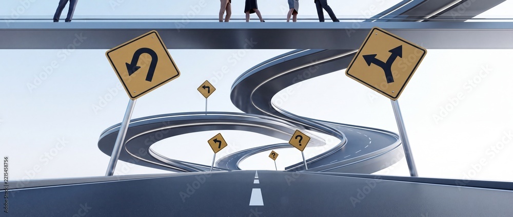 Fototapeta premium Conceptual illustration of a complex winding road network with confusing traffic signs and business people standing on an overpass representing strategic decision making and perspective shift